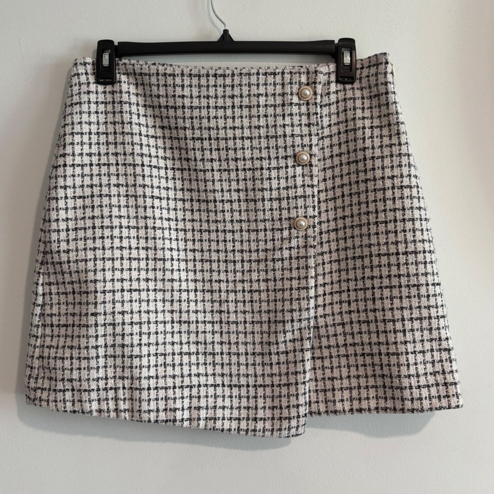 Marc New York Tweed Faux Wrap Mini Skirt Womens 12 Black White Pearl Buttons